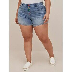 Torrid Vintage Stretch Size 16 Denim Jean Shorts Mid Rise Rainbow Pride Button